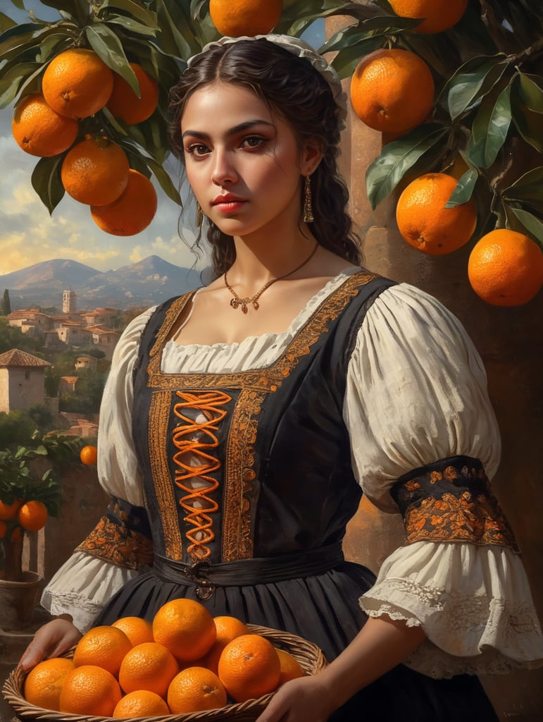 Portrait of a young, dark and beautiful Italian girl growing oranges from Sicily in 17th century Italian folk peasant clothing, dramatic lighting, depth of field, orange trees in the background. Oranges should have a beautiful, even structure. Incredibly high detail holding fresh oranges in hand