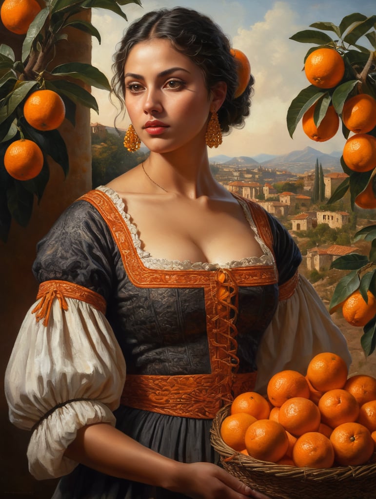 Oil painting on canvas. Portrait of a young, dark and beautiful Italian girl growing oranges from Sicily in 17th century Italian folk peasant clothing with a plunging neckline and full breasts, dramatic lighting, depth of field, orange trees in the background. Oranges should have a beautiful, even structure. Incredibly high detail holding fresh oranges in hand