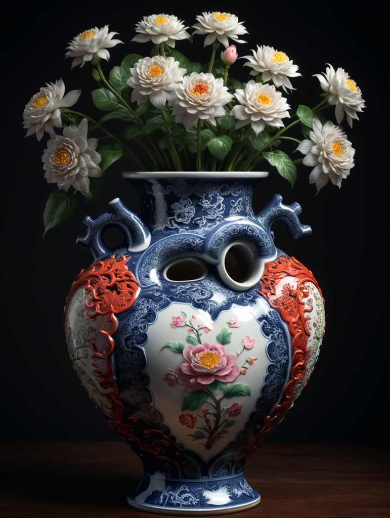 Premium Free ai Images chinese porcelain human heart vase with flower