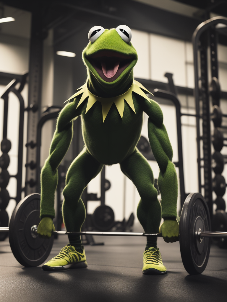 Lumenor AI Image Generation - kermit the frog doing deadlifts at the gym