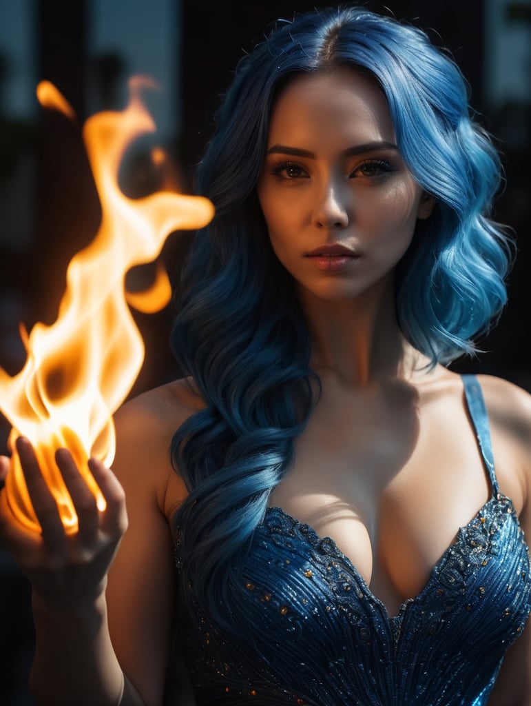 O sol na palma da mão de uma mulher com vestidos feitos de fogo e olhei azuis cabelos também de fogo