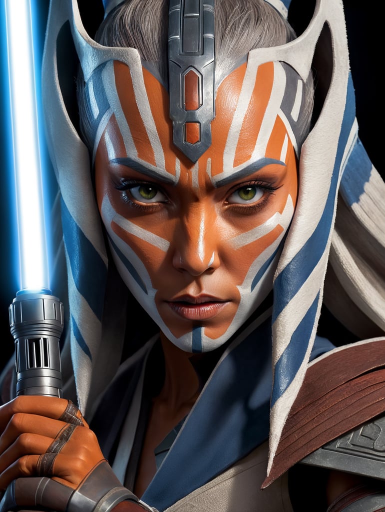 Premium Free ai Images | portrait of ahsoka tano holding lightsaber in  front of her face