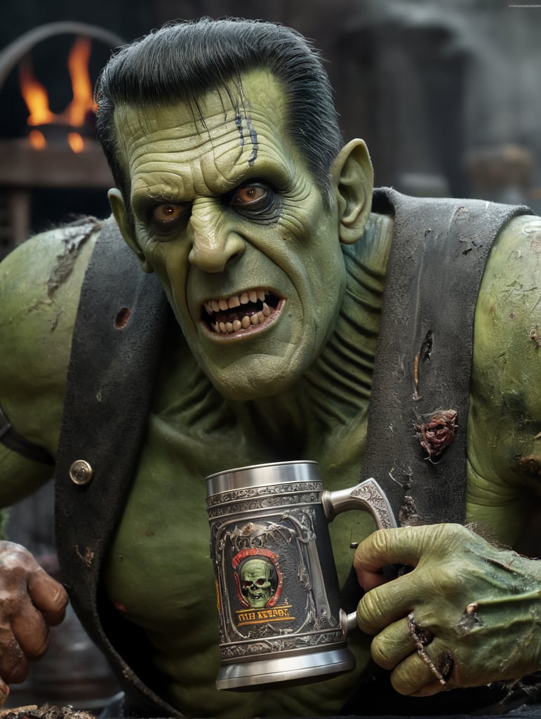 herman munster as Frankenstein's Monster, Green Skin, muted color palette, atmospheric, creepy, intricate detail, reanimated corpse, scar tissue, decomposing, starring eyes, horror, horrific, bolts sticking out of sides of neck, gangrene, veins, mutilated, stitches on forehead, standing next to barbecue grill outdoors holding a beer stein in one hand
