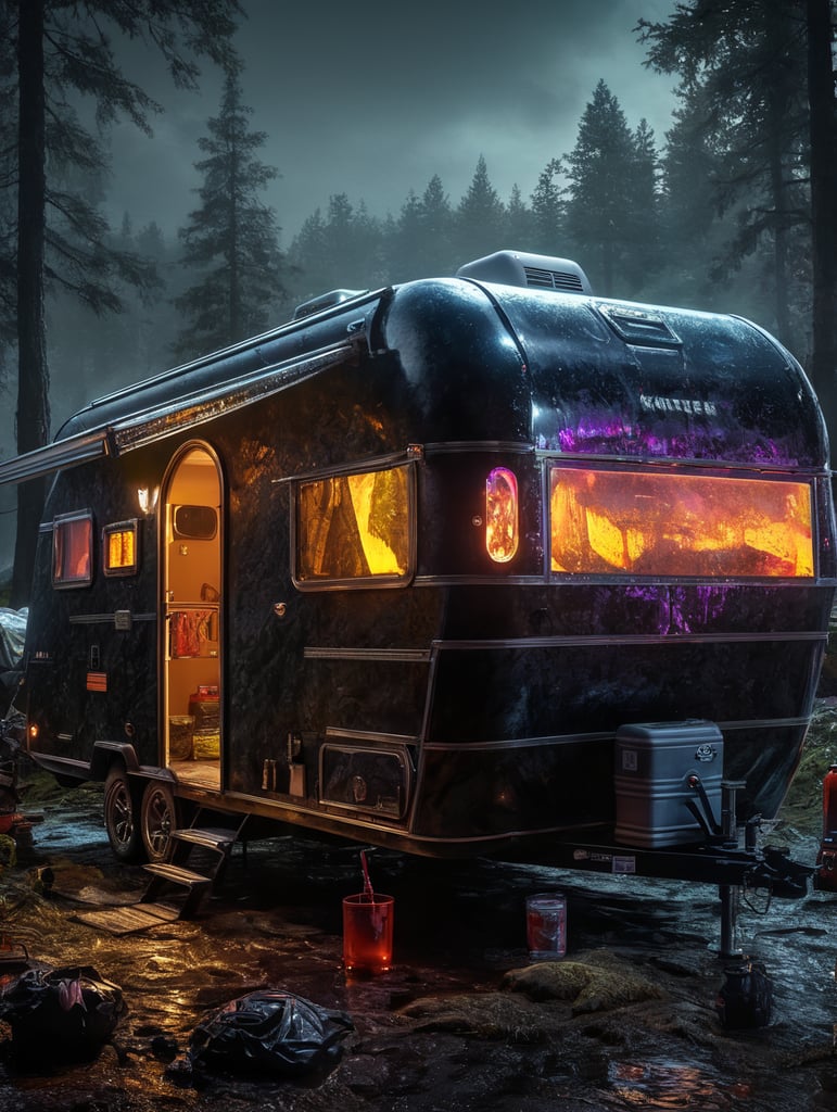 Alien camping trailer made of black alien liquid, translucent with neon lights, liquid dripping from the trailer, dark atmosphere