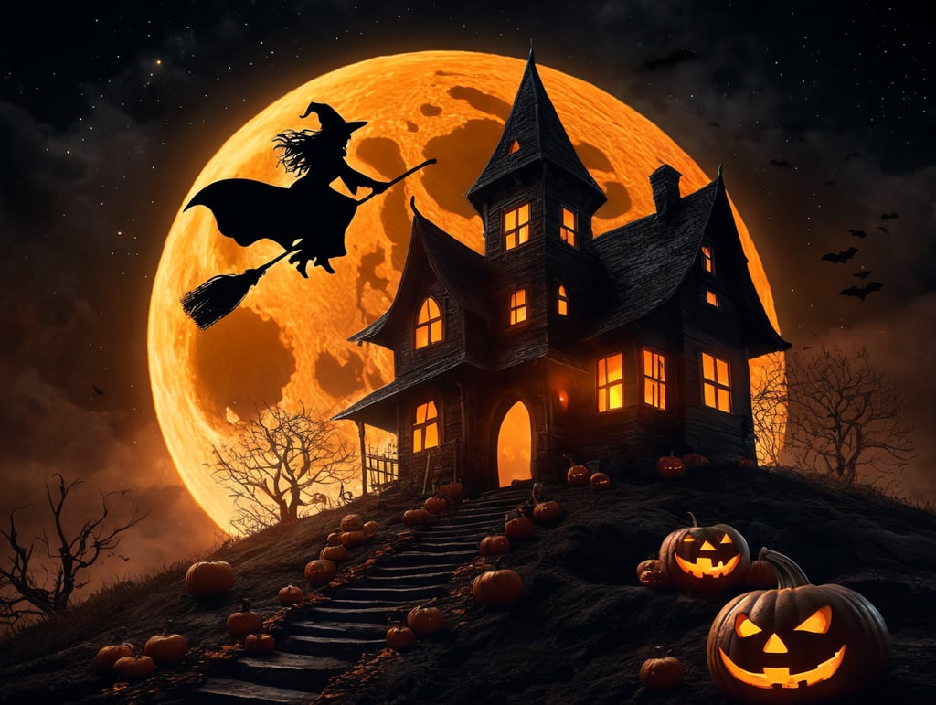 Halloween pumpkin scene, dramatic lighting at night, around the pumpkin, but in the night sky the silhouette of a witch flying on a broomstick, crescent moon and stars. Depth of field neon