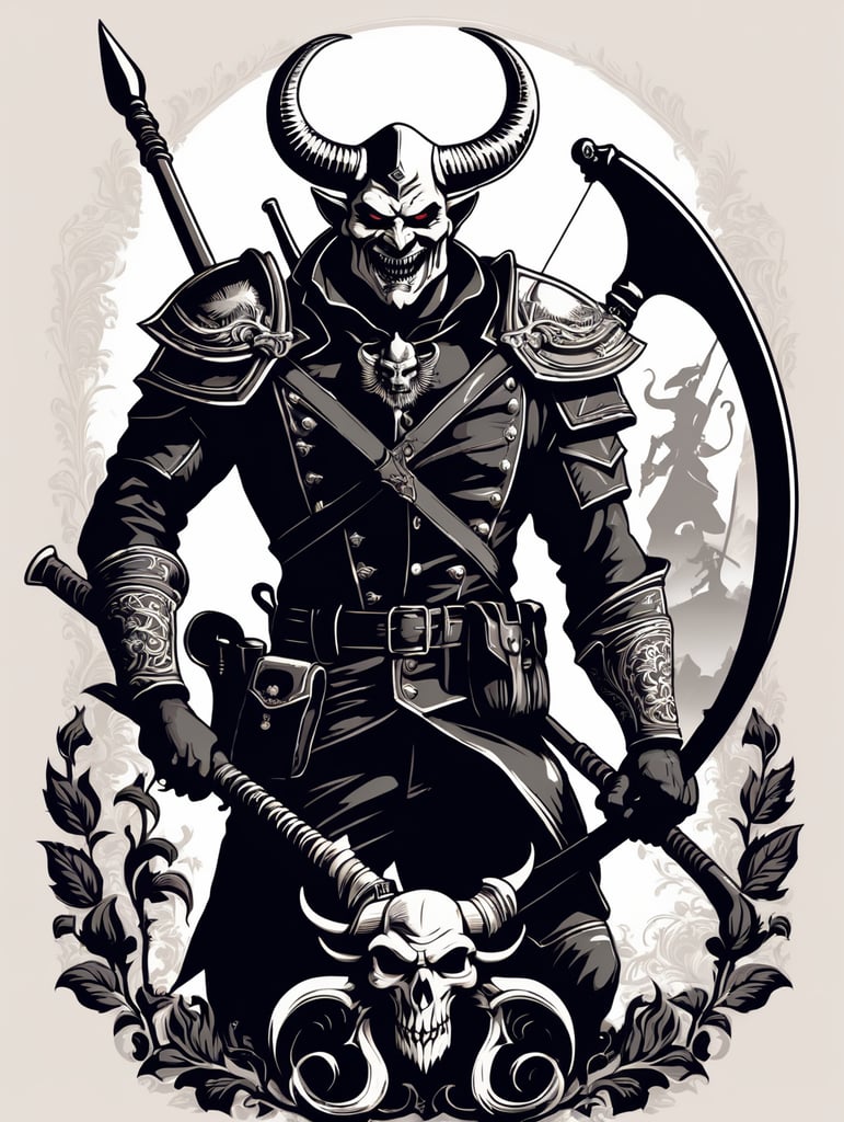 shirt illustration devil soldier holding scythe, gun and powder horn
