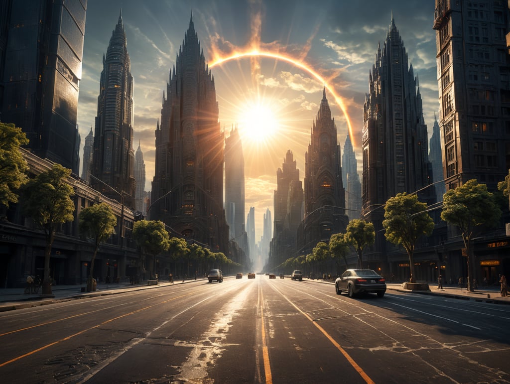 person stop hand at the center of the road with high buildings on both left and right and the sun at the middle