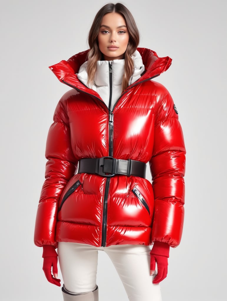 Premium Free ai Images | full body girl in red glossy puffer jacket ...