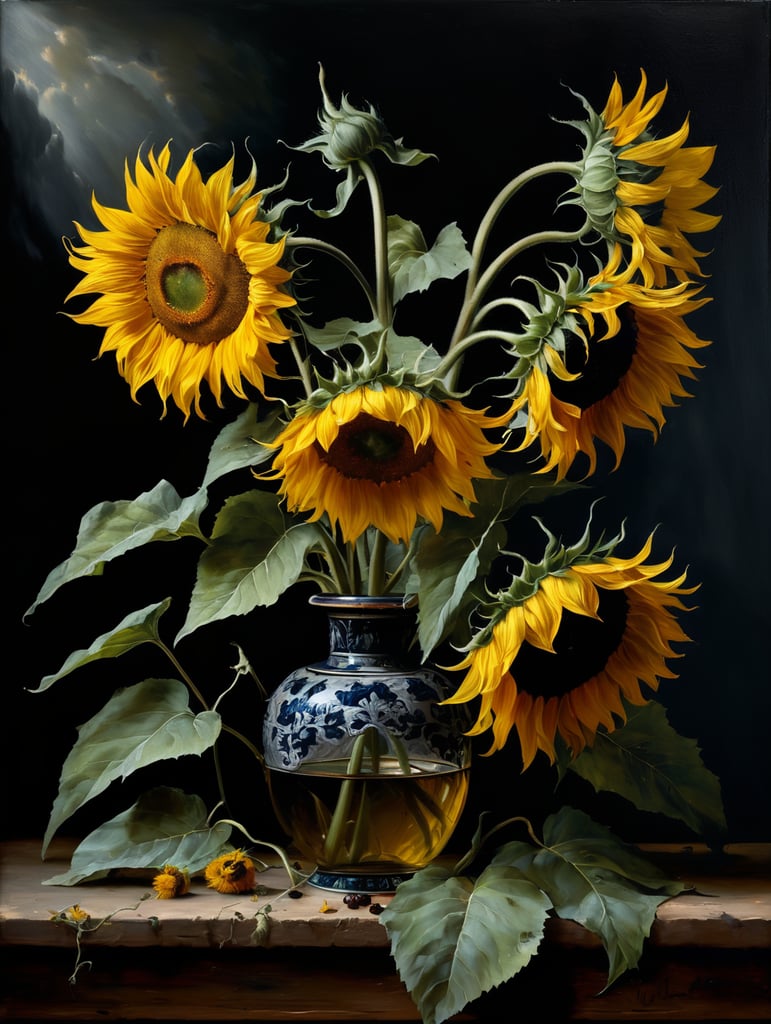 Sunflowers, moody, oil painting, by Willem van Aelst