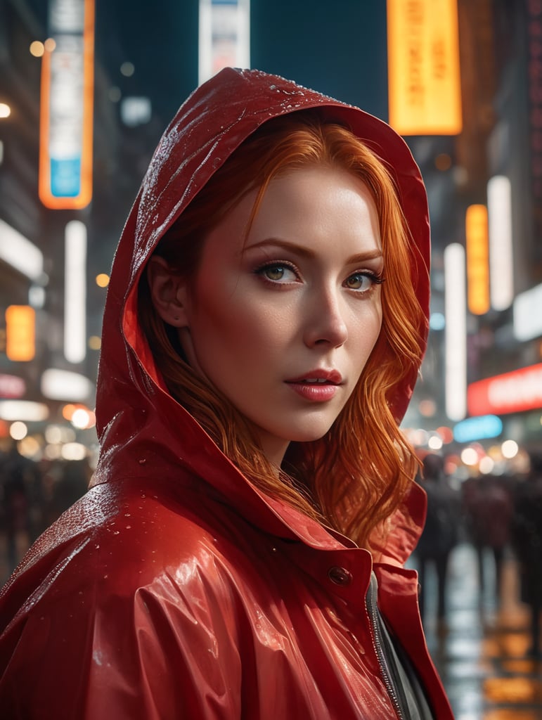8k photo portrait of a redhead woman in a red raincoat, looking at the camera, at a bustling crosswalk in shibuya at night, highly detailed, vibrant, production cinematic, reflections on wet street, 8k, film grain, 70mm, portra 800