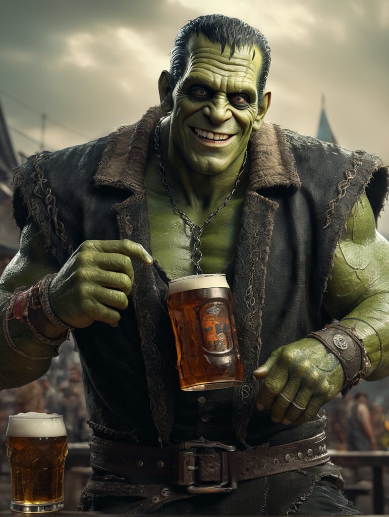 Frankenstein's monster, green skin, stitches across forehead, smiling, holding beer