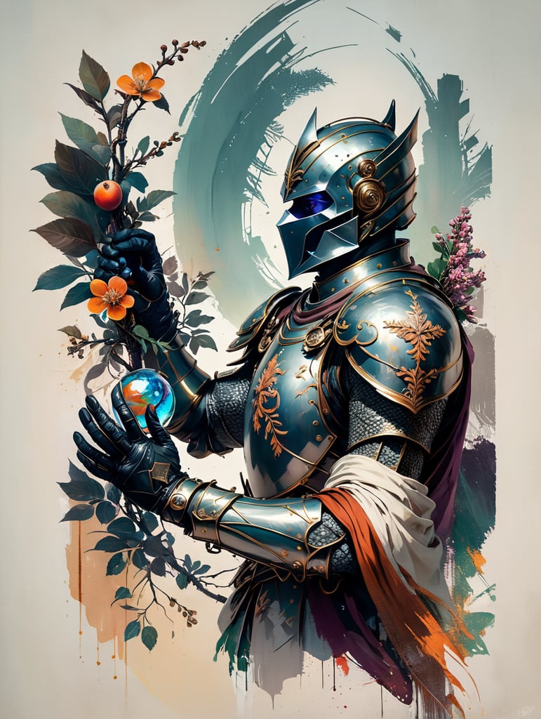 knight hand holding a mirabelle plum branch. The glove is finely decorated. engraving illustration style