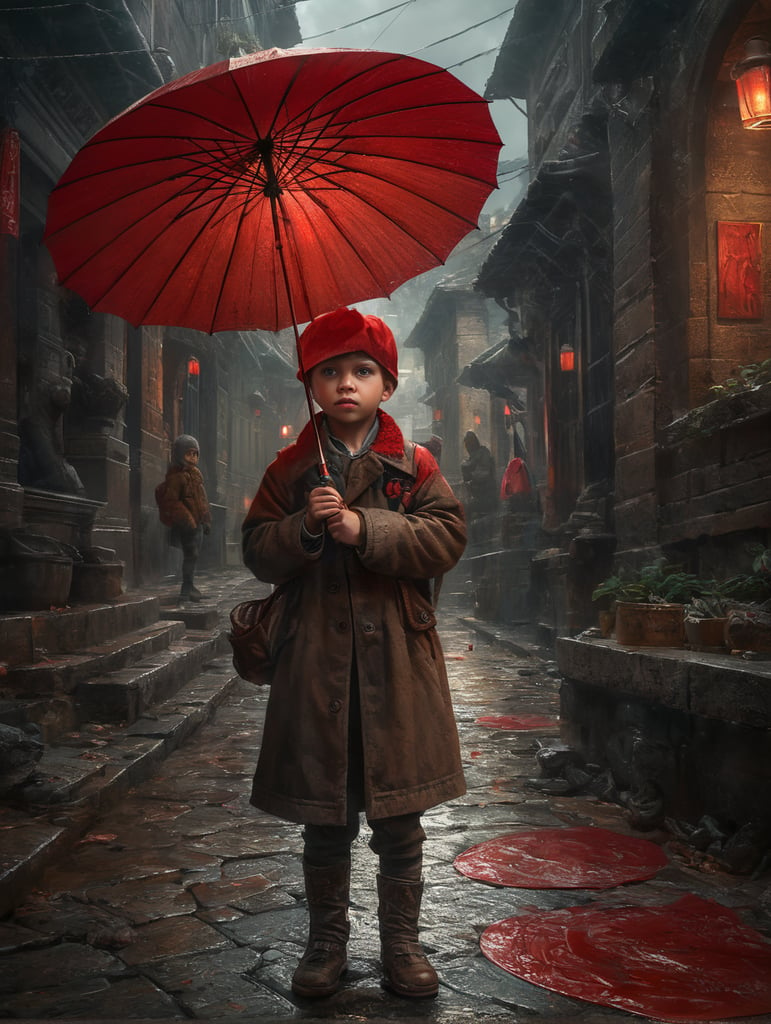 ילד מחזיק מטריה אדומה