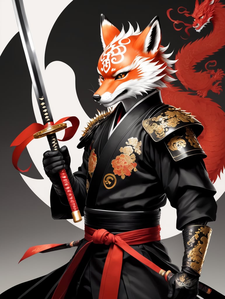 Premium Free ai Images | young fox manga warrior spiked hair black kimono  with golden dragons twirling samurai sword dark background manga style  drawing white black and red colors