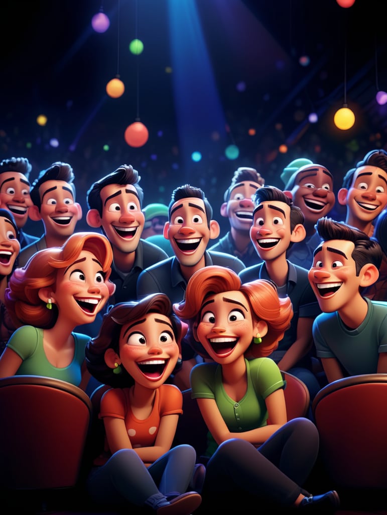 A group of diverse people laughing in a dark night club. Sitting down, looking at the stage. Camera from the perspective of the performer.Looking at the crowd from stage. +line-less vector illustration