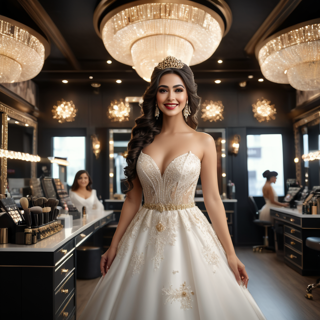 a full image wide Angle of a beautiful bride is standing happy in a modern dark hair saloon shop surrounded by the hair styler employee, 16k, the pride is wearing white elegant modest toll dress, full makeup, bokeh background, cinematic, hyper detailed, spotlights, canon photography, black wavy hair , saloon walls are black and gold accent, saloon is vast.