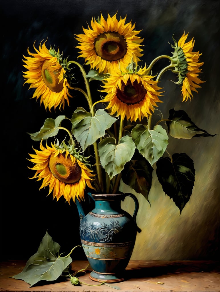 Sunflowers, moody, oil painting, by Vincent Van Gogh