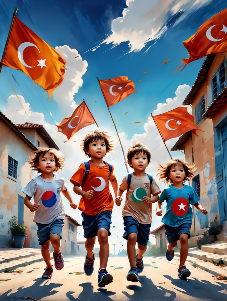 Girls and boys Childrens running with Turkish flags in their hands. Rear view. Blue sky, Clouds. Photorealistic.