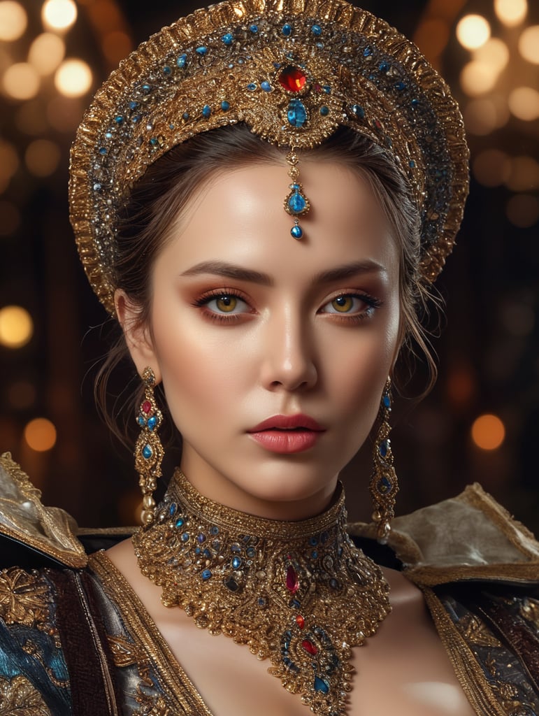 Portrait of Ceneca, elegant, highly detailed, vogue, fashion magazine, sharp focus, bright expressive makeup, dramatic lighting, depth of field, incredibly high detailed, blurred background