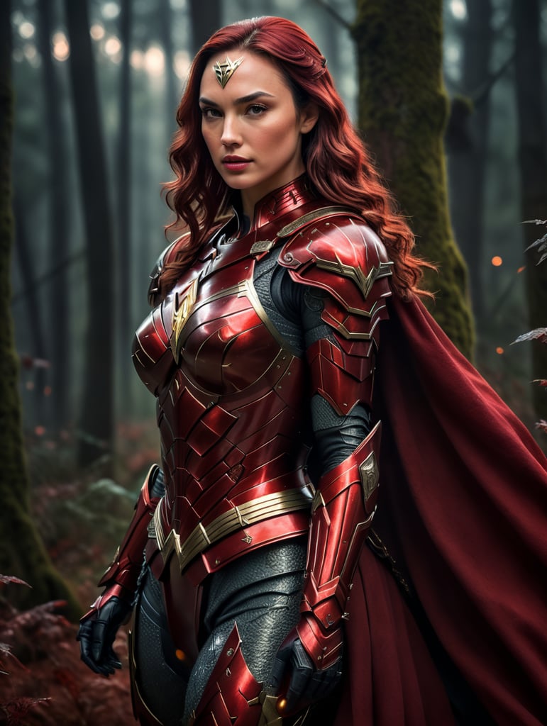 Gal gadot in red armor and red hair against the backdrop of a forest in red-burgundy tones, blurred background, focus on the girl, detailed armor, Dramatic Lighting, Depth of field, Incredibly high detailed