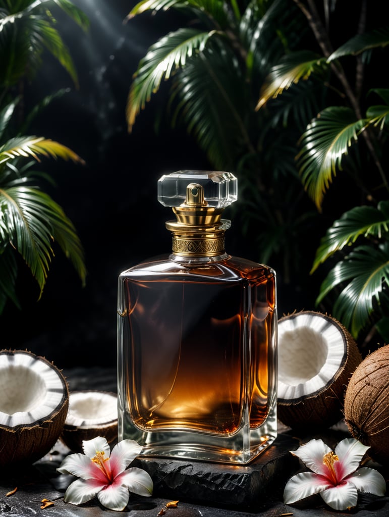 Premium Free ai Images  professional photography of luxury perfume square  bottle surrounding coconut no label clear mockup