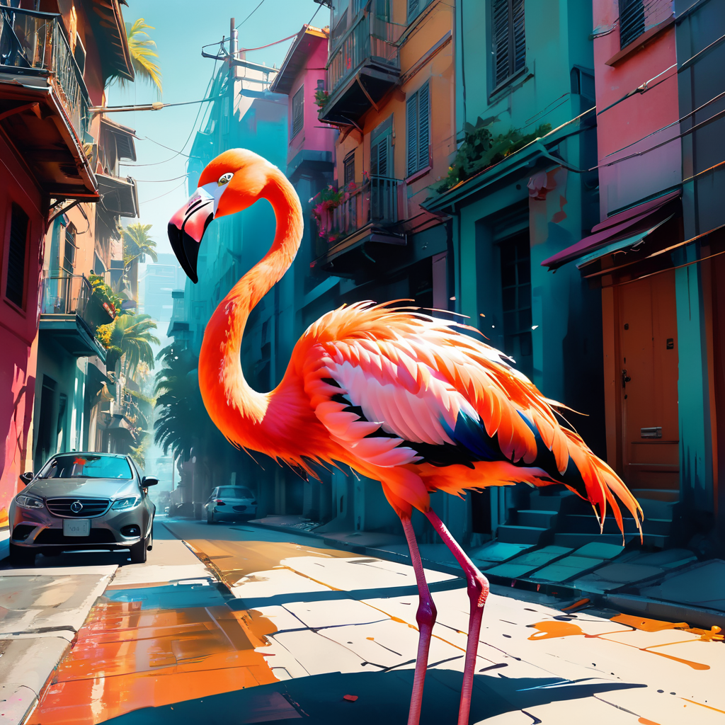 a flamingo running through the neighborhood while listening to music