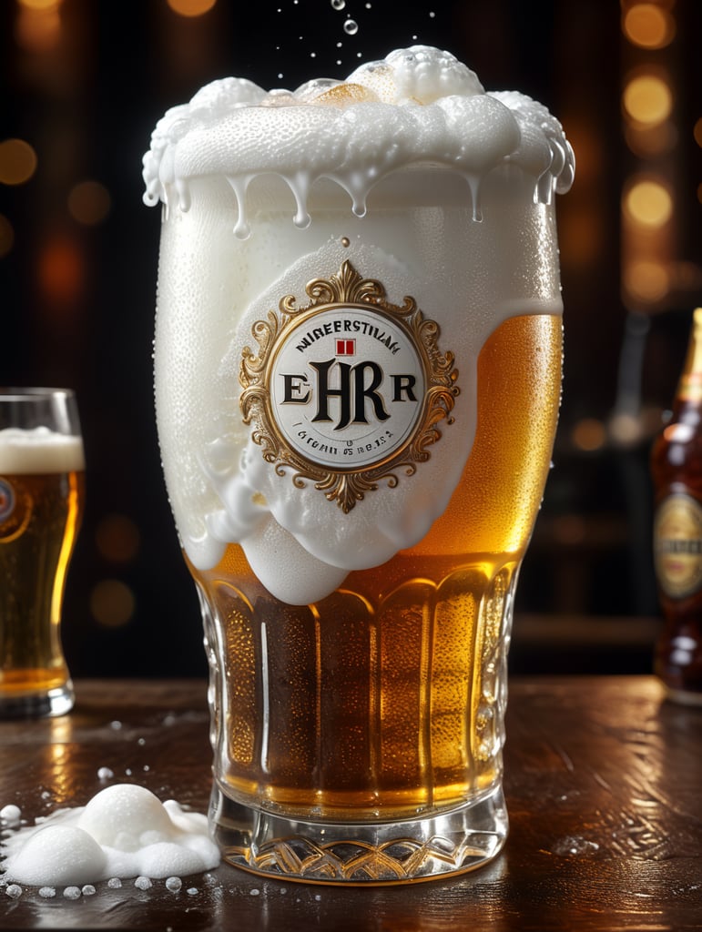 A stunning interpretation of extreme one pint of beer, white foam on top, transparent beer, liquid with tiny gas bubbles, advertisement, highly detailed and intricate, hypermaximalist, ornate, luxury