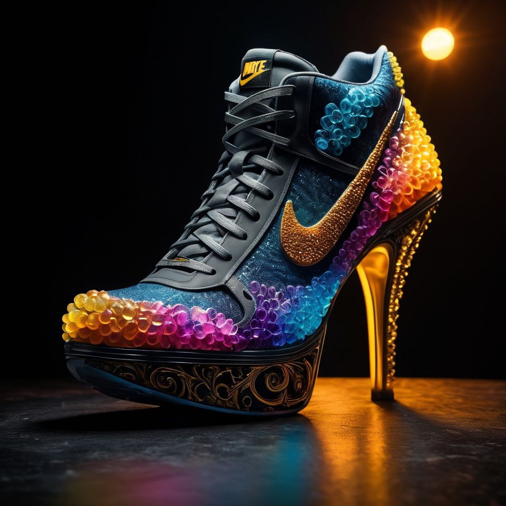 A stunning interpretation of nike sexy extreme high heel shoe sneaker, made of jellyfish, advertsiement, solarpunk, highly detailed and intricate, golden ratio, very colorful, hypermaximalist, ornate, luxury