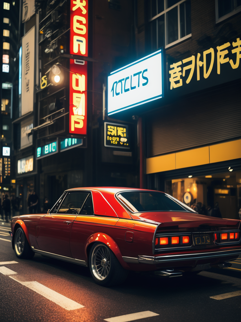 luxury classic car in a night Tokyo, light, neon, cyberpunk