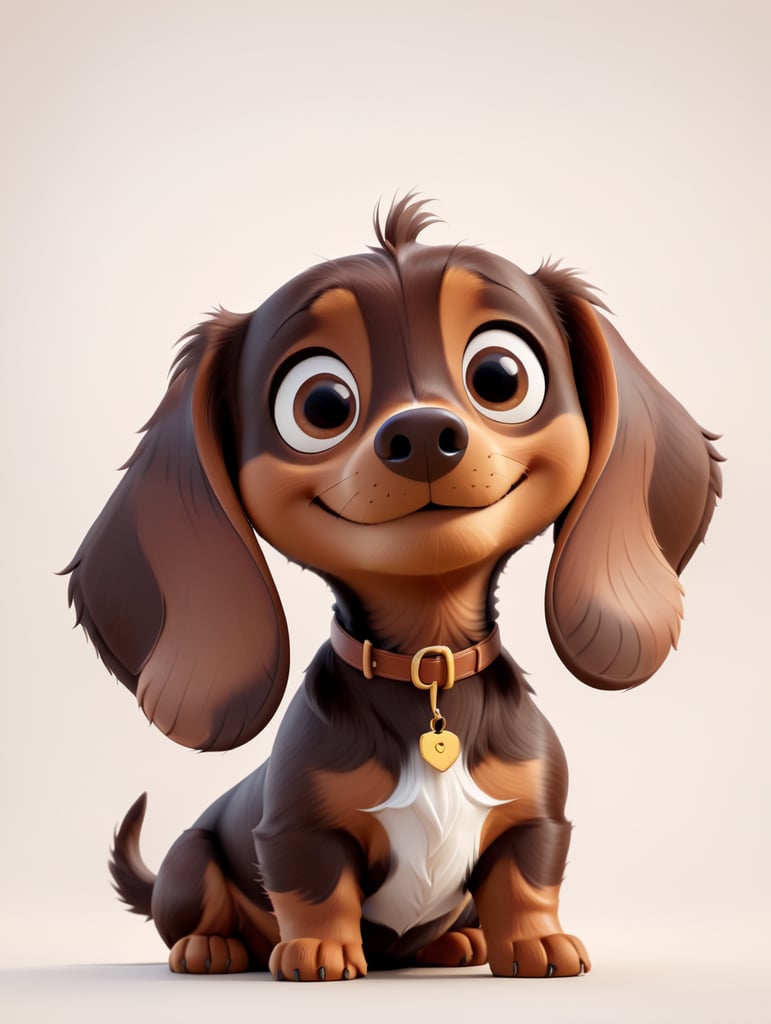 A dark brown dachshund with big brown eyes, floppy ears, and white chest, in the style of a Pixar movie character