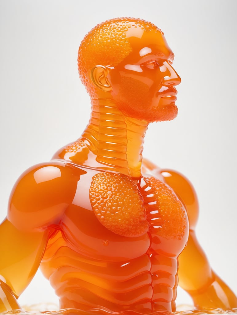 Portrait of a Translucent orange man made from the orange fruit, organs are visible through the jelly