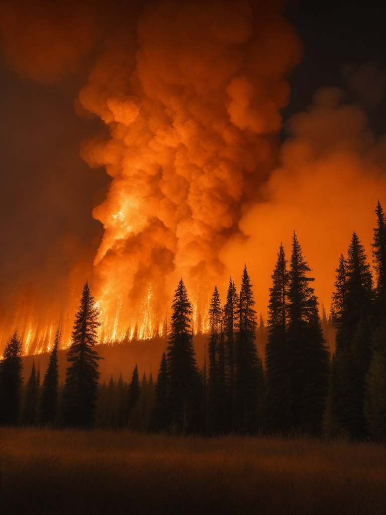 Canada wildfire 2023, Create an image depicting a vast forest landscape in Canada, with flames raging across the horizon. Show the smoke billowing into the sky, casting an ominous orange glow.