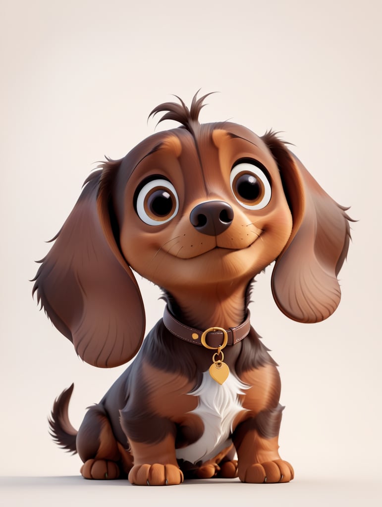 A dark brown dachshund with big brown eyes, floppy ears, and white chest, in the style of a Pixar movie character