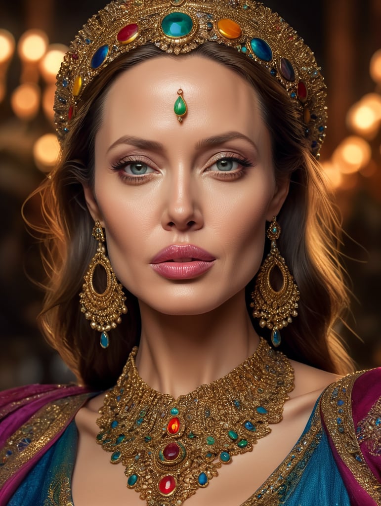 Angelina Jolie, bright and saturated colors, elegant, highly detailed, vogue, fashion magazine, sharp focus, bright expressive makeup, dramatic lighting, depth of field, incredibly high detailed, blurred background