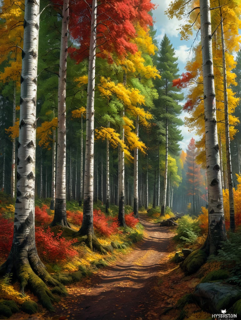 Осенний лес, жёлтые берёзы, красная рябина, зелёные сосны волк шервудский лес
