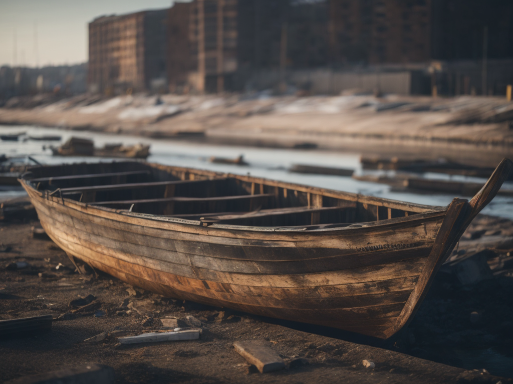Abandoned broken wooden boat in a dilapidated dirty harbor, high definition, photorealistic, smooth gradients, no blur, sharp focus, cinematic lighting, epic scene