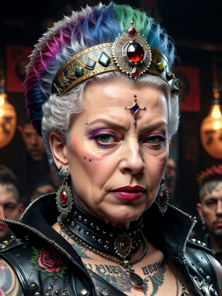 Queen Elizabeth as a punk rocker, full face, tattoos, piercing