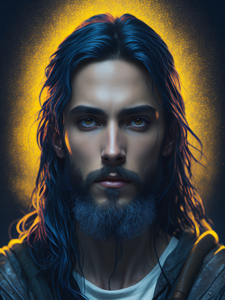 A portrait of jesus blue, white and yellow manl, highly detailed, intricate, sharp focus, digital art