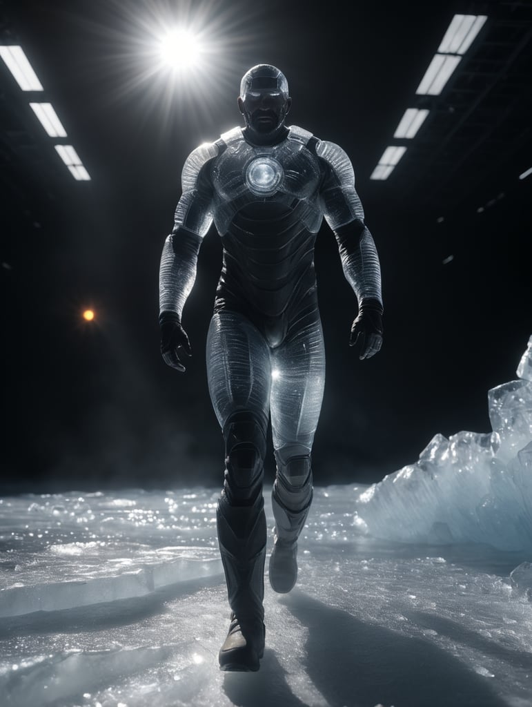 Translucent man made from the ice, walking on the surface of the sun