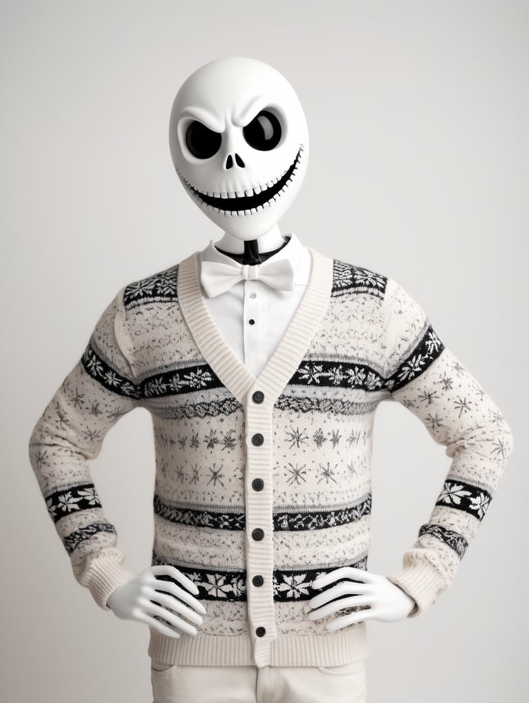 Jack Skellington standing wearing an ugly Christmas sweater
