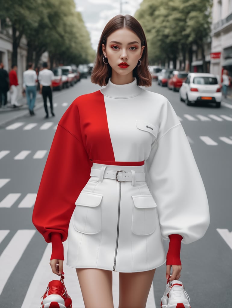 Premium Free ai Images | meaningful surreal tumblr amateur balenciagas  street fashion photoshoot of beautiful girl interesting poses  photorealistic red and white colors photo shoot cinematic still shot  magazine photography mm film