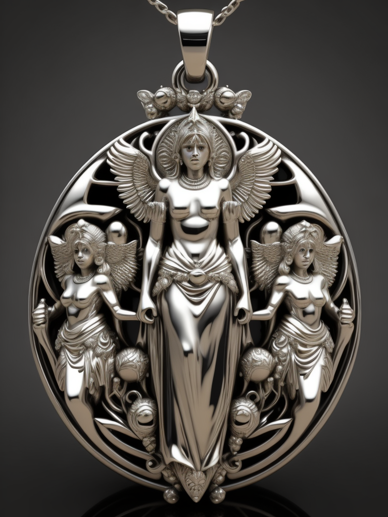 Intricately detailed 3d render of a highly stylized, sterling silver, pendant with the likeness of three angels in the design. art nuevuo, art deco, exquisitely beautiful, exotic, magical
