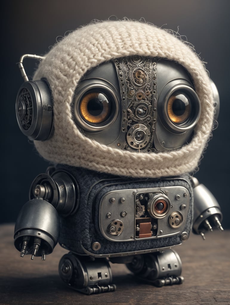 A cute little metal vintage robot, wearing clothes woven from wool. It has a big and cute eyes.
