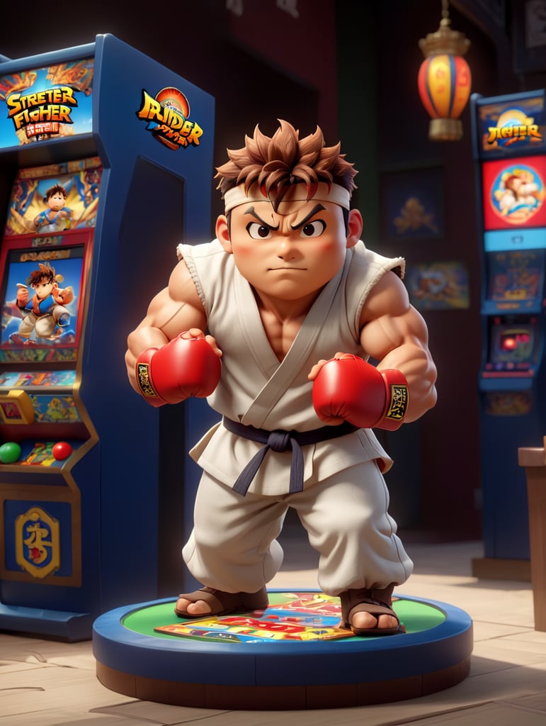 Ryu de street fighter jogando fliperama em uma lanhouse ultra realista