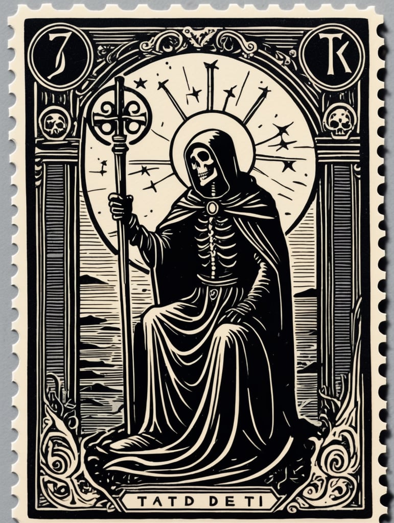 Premium Free ai Images | black and white linocut postage stamp death ...