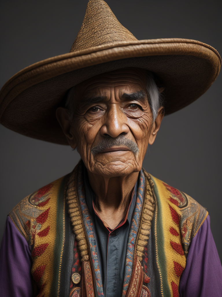 Portrait of a wrinkled colorful Mexican in a sambrero, an elderly man, a multi-colored shirt, a criminal, an evil face