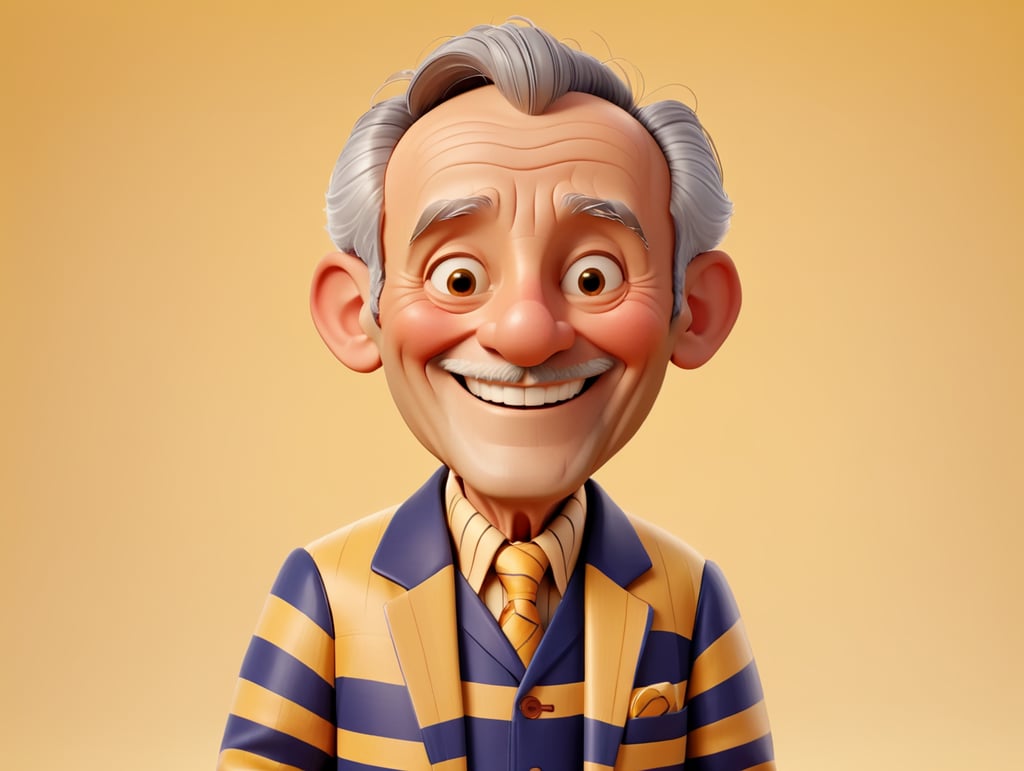 Smiling and cheerful old man in a striped jacket on an isolated yellow background