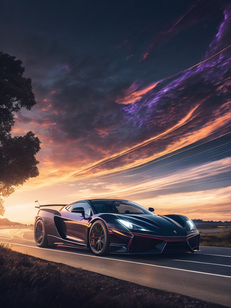 Illustration of super cars by dan mumford, alien landscape and vegetation, epic scene, a lot of swirling clouds, high exposure, highly detailed, fantastical, vibrant purple tinted colors, uhd