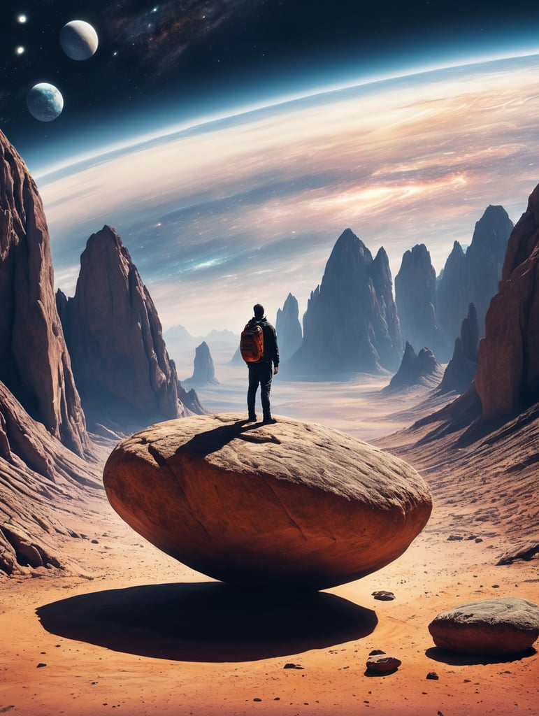 Space traveler in a rock in middle of the universe