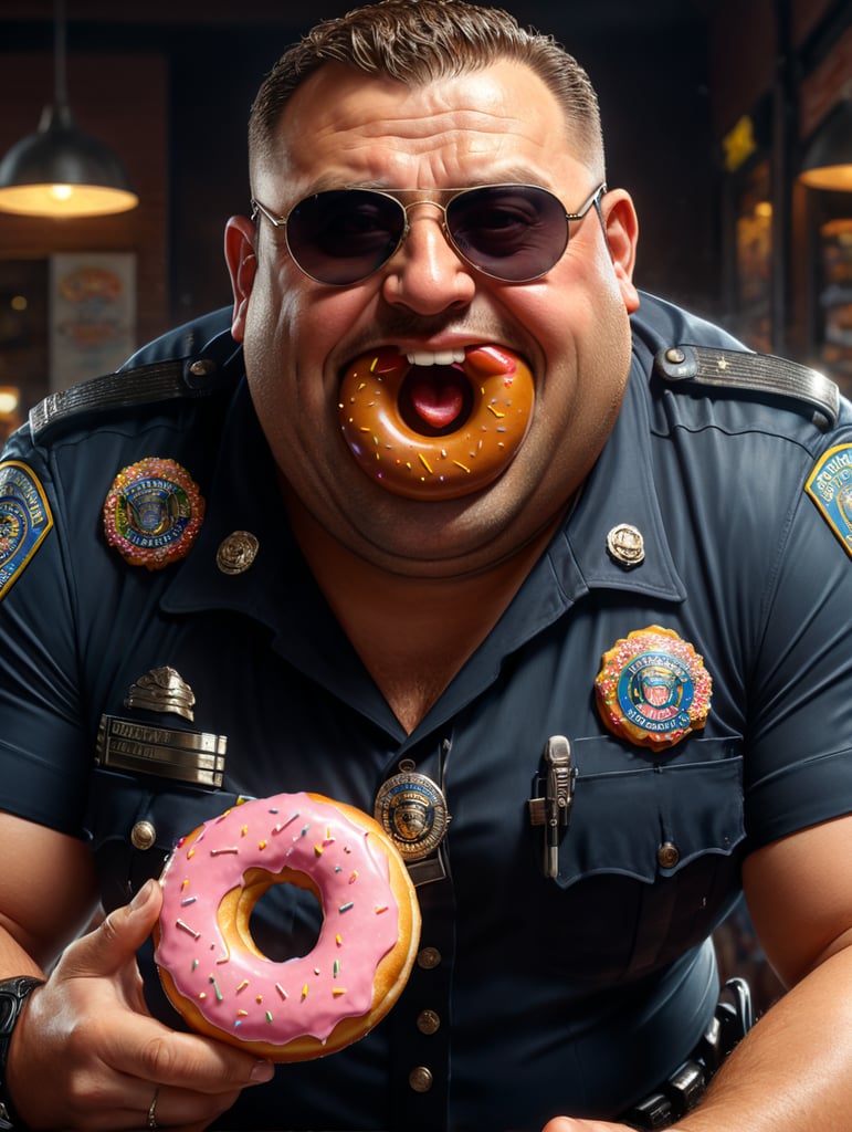 Premium Free ai Images | very fat cop eating donut happy sunglasses ...